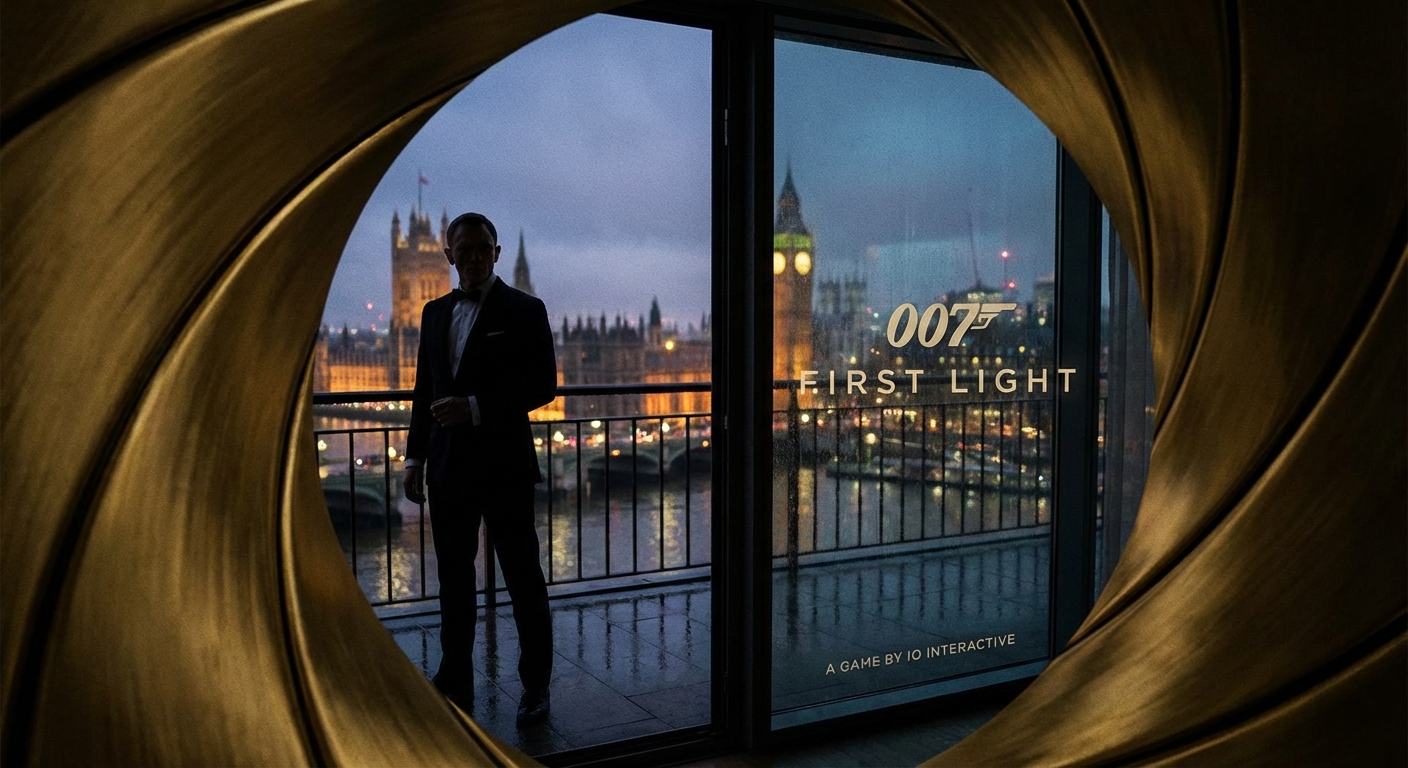 Elegant spy-thriller atmosphere with city lights representing 007 First Light