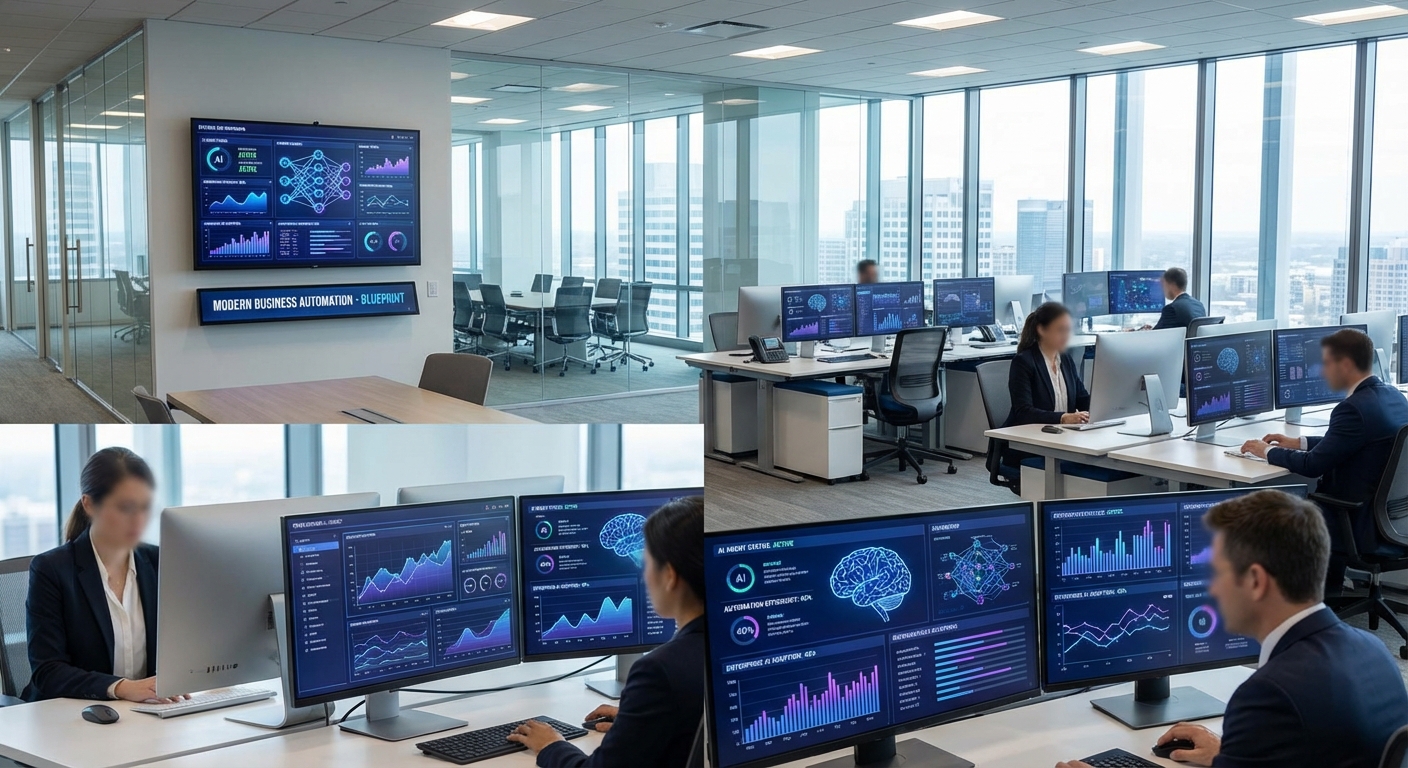 Enterprise office with AI-powered automation dashboards representing mainstream AI agent adoption