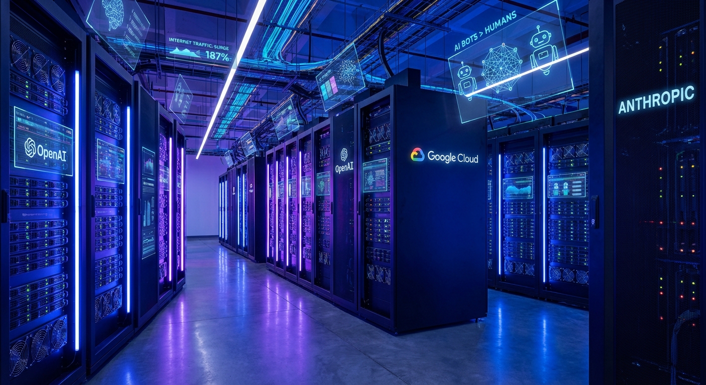 Data visualization of AI bot traffic versus human web traffic showing the 187 percent surge in automated AI activity online