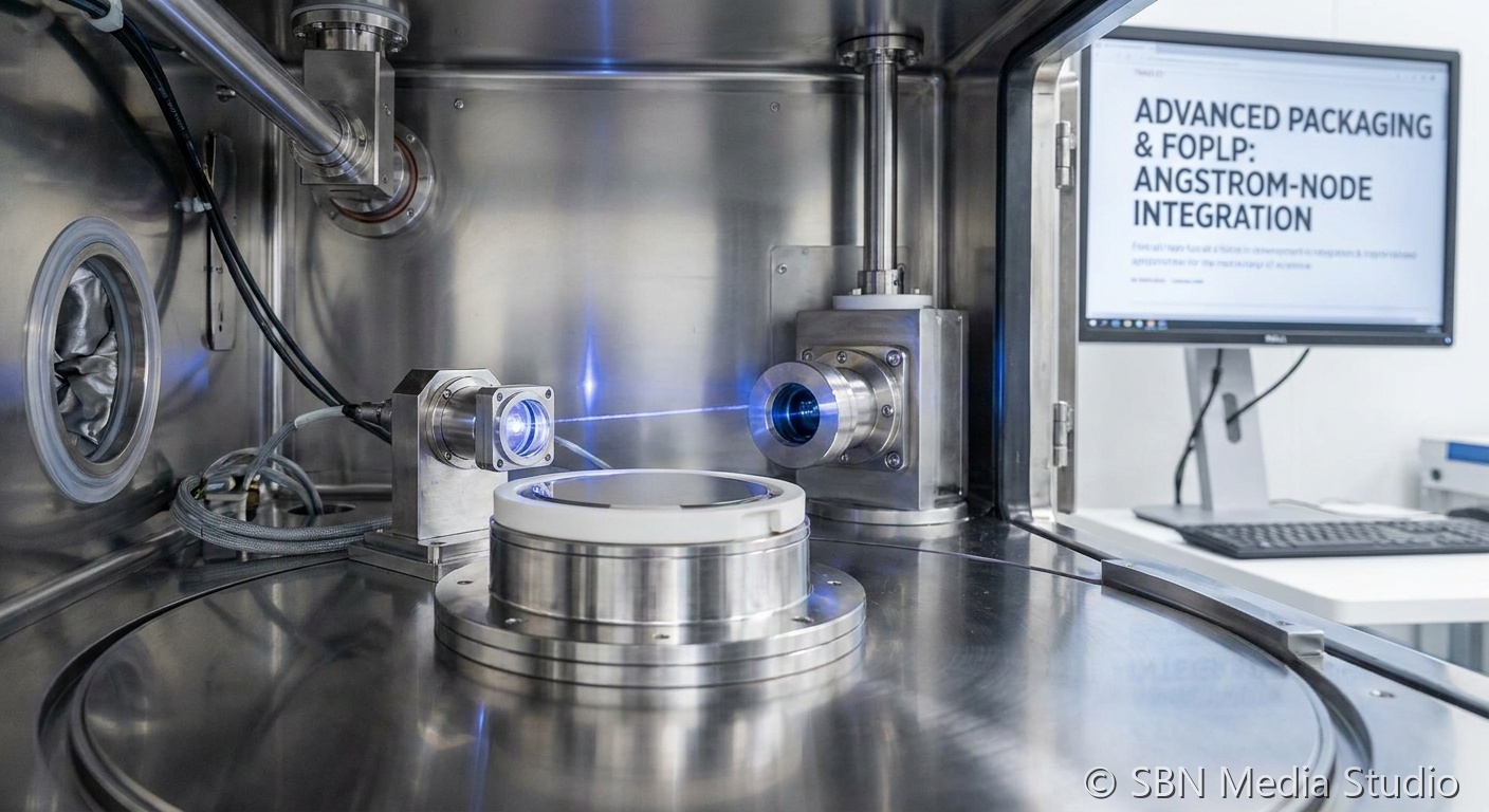 AMD Zen 7 Grimlock CCD on a TSMC A14 angstrom-node wafer beside a Powertech fan-out panel-level packaging carrier marking the May 27 2026 packaging-roadmap signal