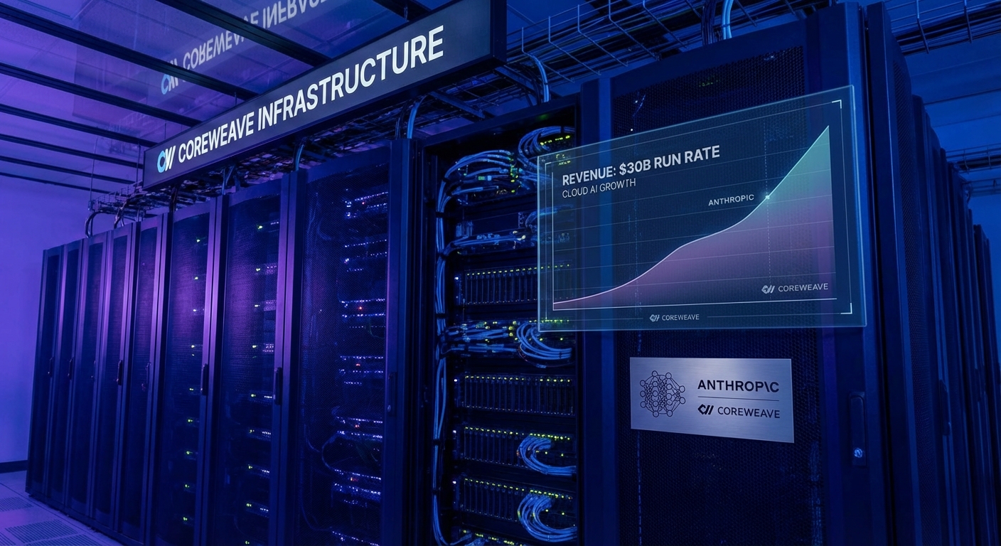 Anthropic Claude logo with CoreWeave data center infrastructure and revenue growth chart representing the 30 billion dollar annual run rate milestone