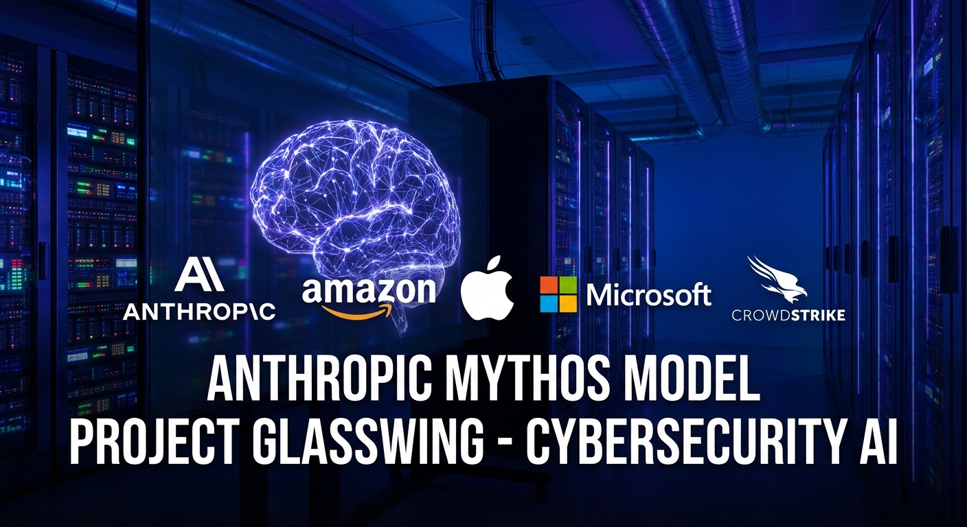 Anthropic Mythos AI model abstract visualization with cybersecurity shield and code representing restricted Project Glasswing launch