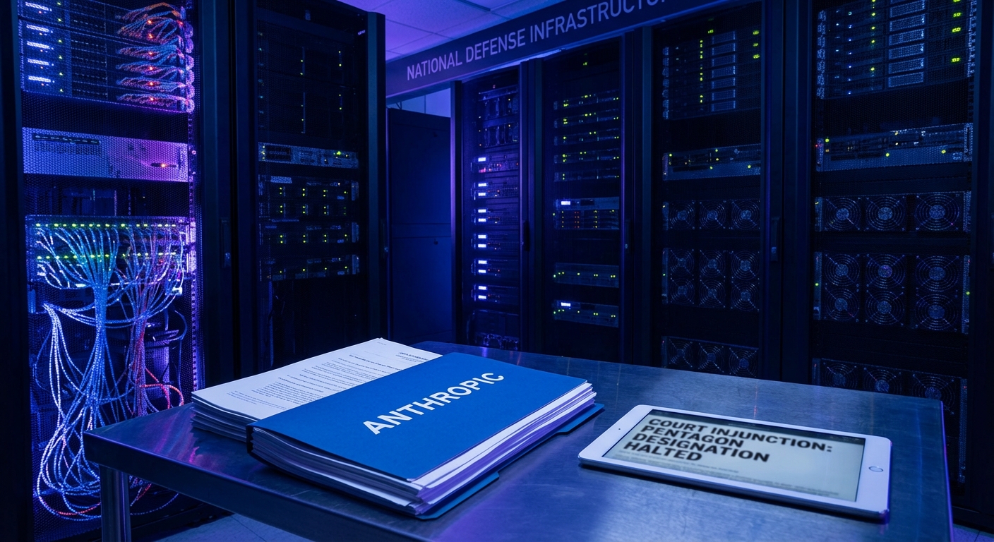 US Pentagon building with Anthropic logo and courtroom scales of justice symbolizing the national security designation legal battle