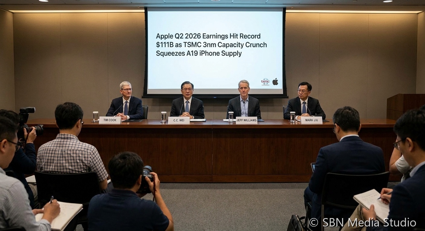 Apple iPhone 17 silicon A19 chip with TSMC 3nm wafer and quarterly earnings chart illustrating the record 111.2 billion dollar Q2 2026 print constrained by foundry capacity allocated to AI chips