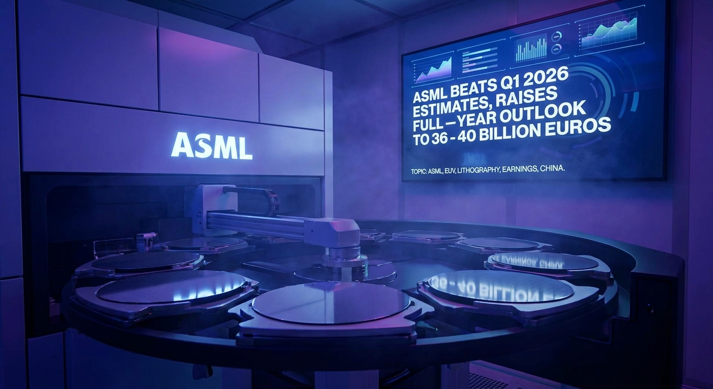 ASML EUV lithography machine in Netherlands fab with financial chart overlay showing raised 2026 guidance of 36 to 40 billion euros amid China export restrictions