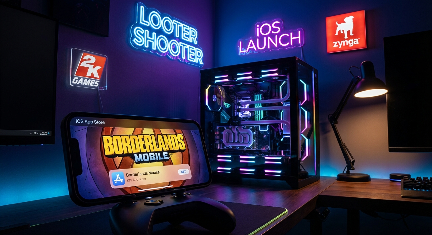 Cel-shaded comic book style looter shooter mobile game screenshot with desert landscape and weapon loot representing Borderlands Mobile on iOS