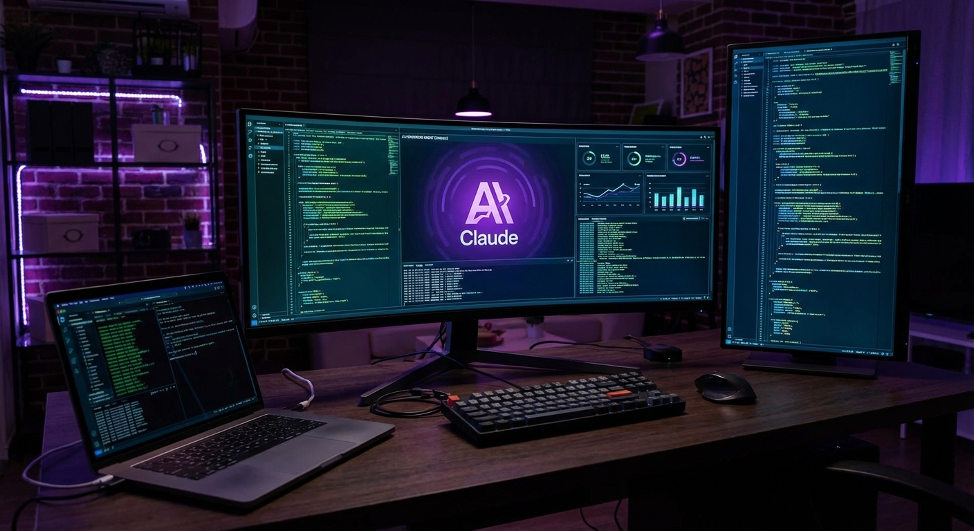 Photorealistic dark workspace with multiple monitors displaying code and AI agent interfaces, representing Claude Code Auto Mode