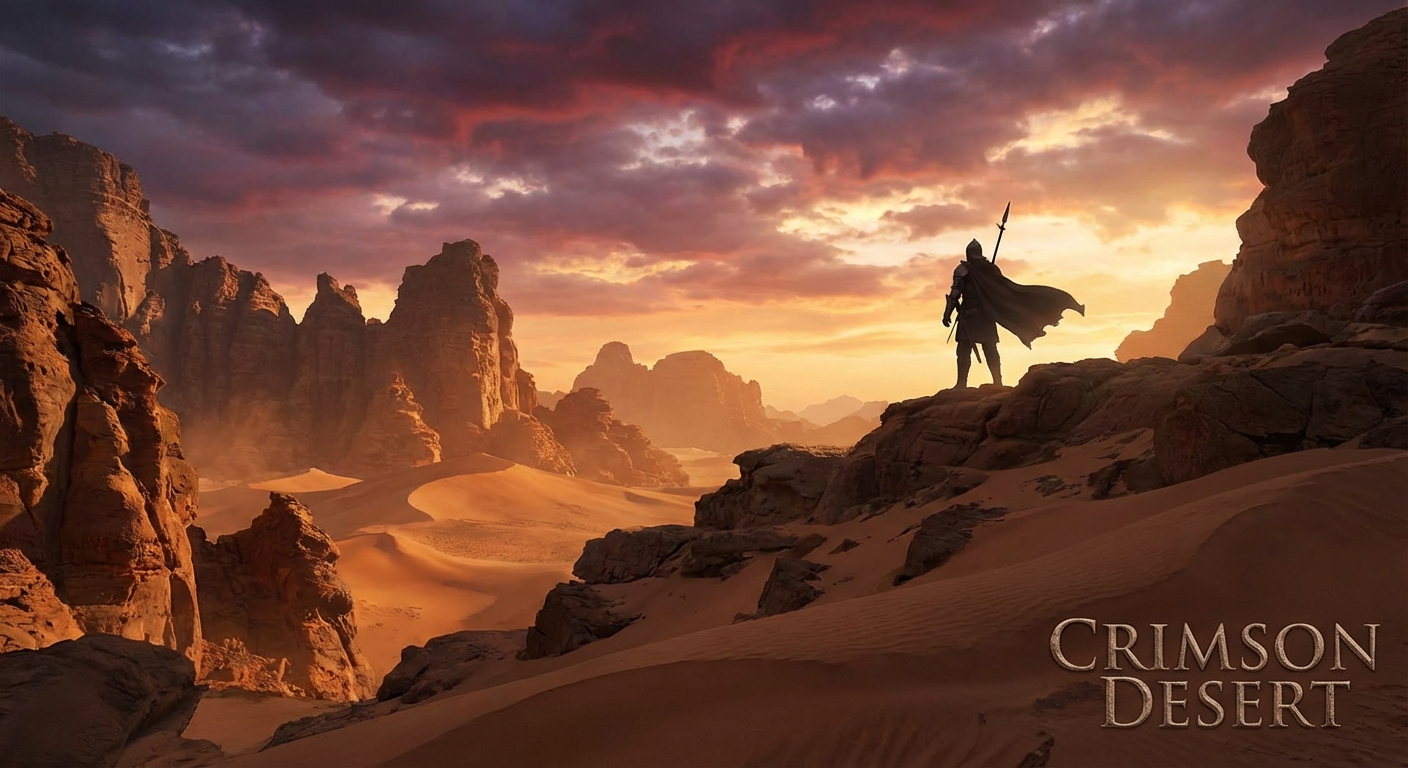 Dramatic desert landscape at sunset evoking Crimson Desert's setting