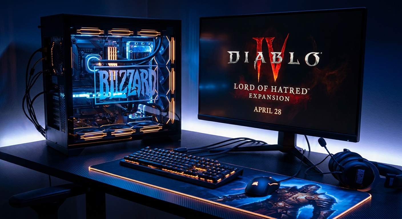 Diablo IV Lord of Hatred expansion key art with Paladin class warrior in dark fantasy landscape and hellfire representing the new expansion launching April 28 2026