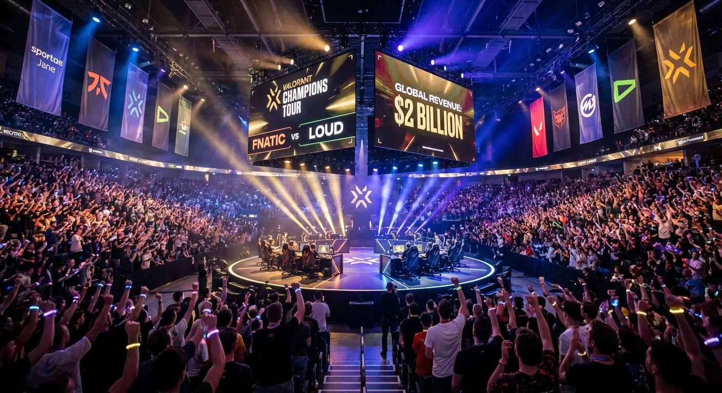 Esports arena with vibrant stage lighting representing the global esports revenue milestone