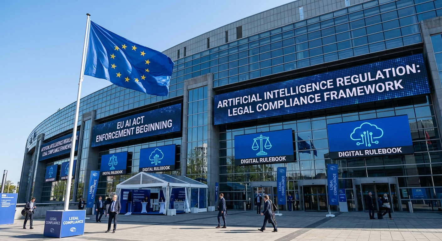 European Union flags and legal documents representing EU AI Act enforcement