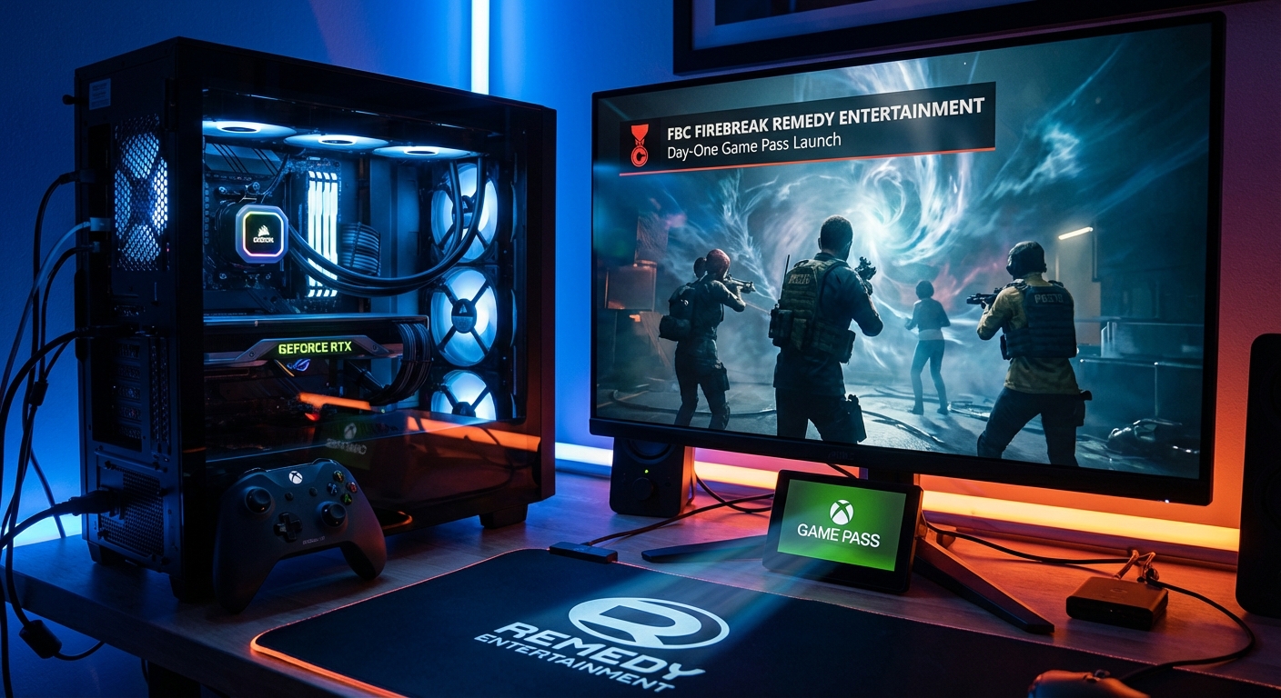 Co-op shooter team of agents in tactical gear storming a brutalist government building with supernatural energy effects