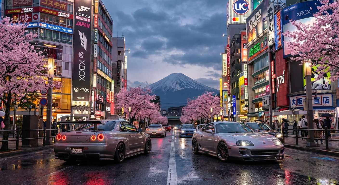 Japanese street scene with cars representing Forza Horizon 6 Japan setting
