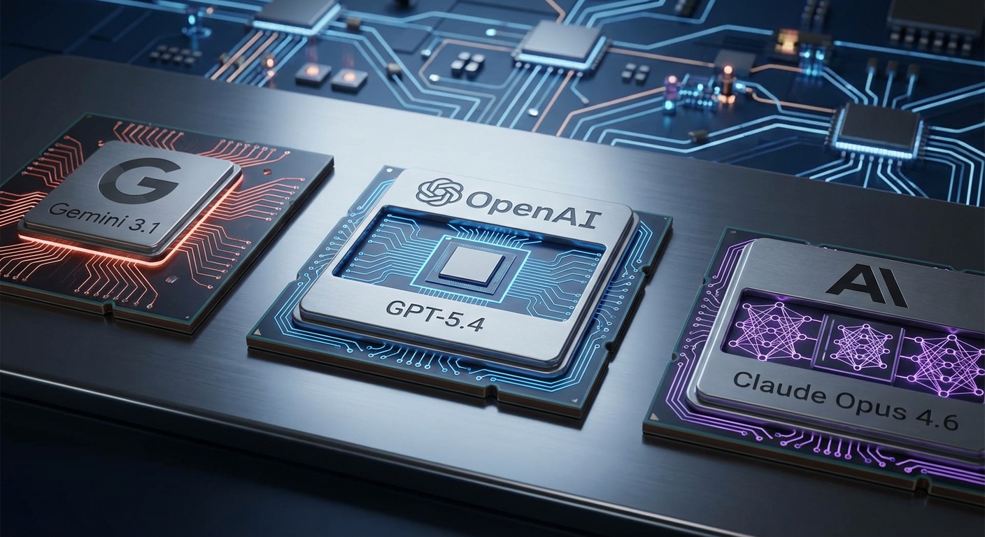 Abstract AI neural network visualization representing frontier model competition