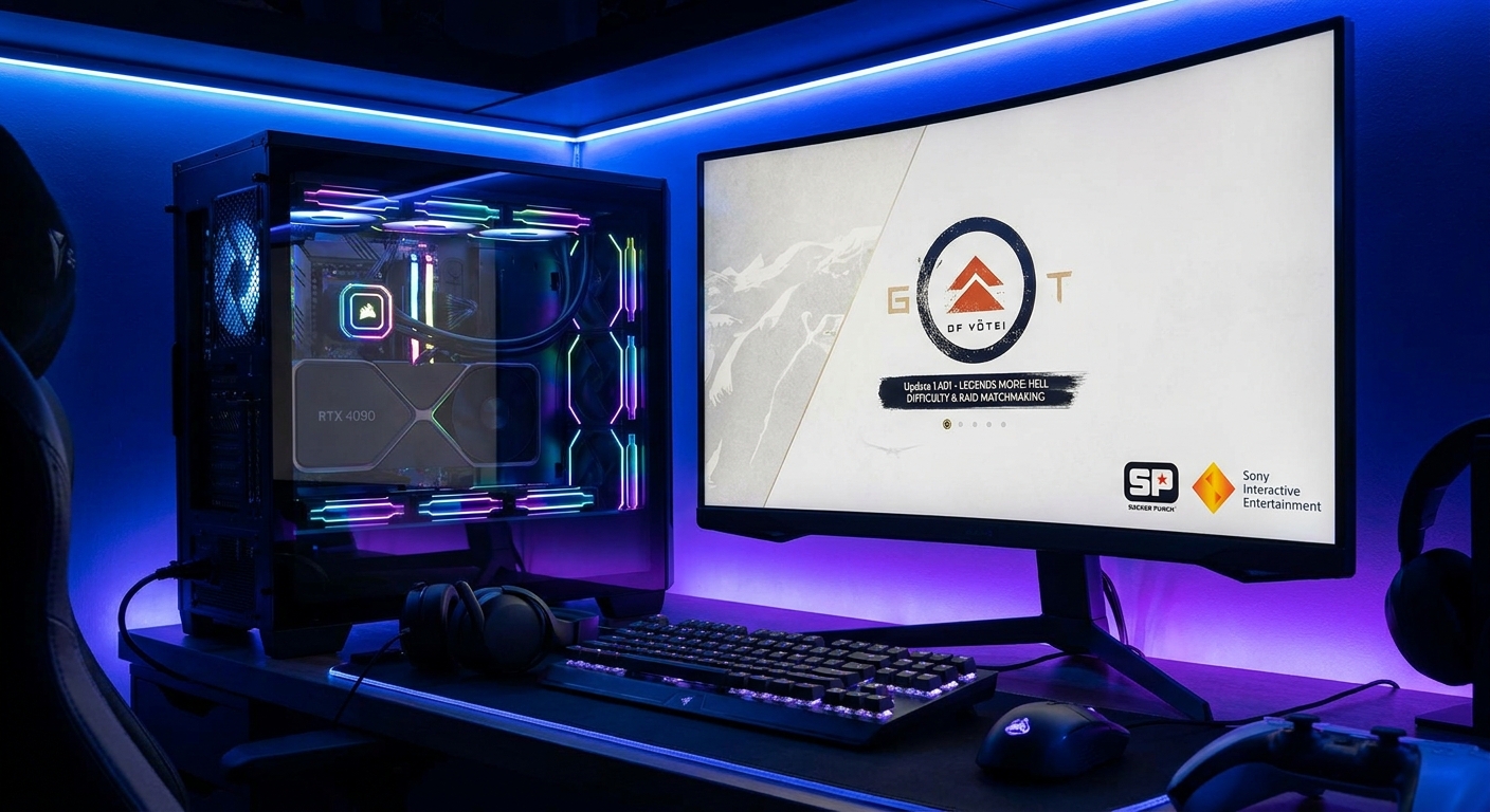 Ghost of Yotei samurai warrior in feudal Japanese landscape with raid matchmaking UI and Hell Mode difficulty skull icon representing patch 1.601 features