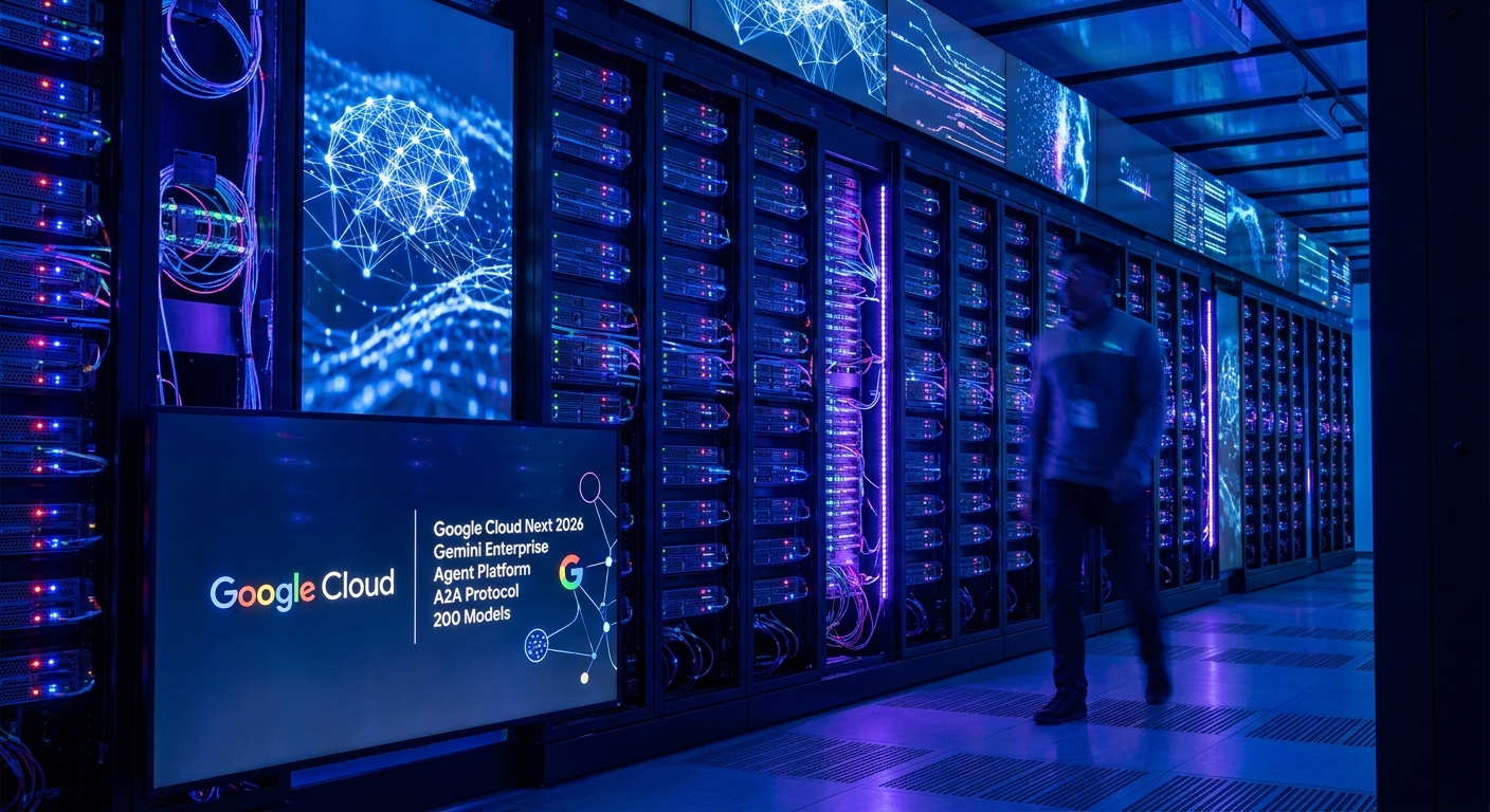 Google Cloud Next 2026 conference stage with Gemini Enterprise Agent Platform logo and A2A protocol diagram representing the unified AI agent development platform announcement