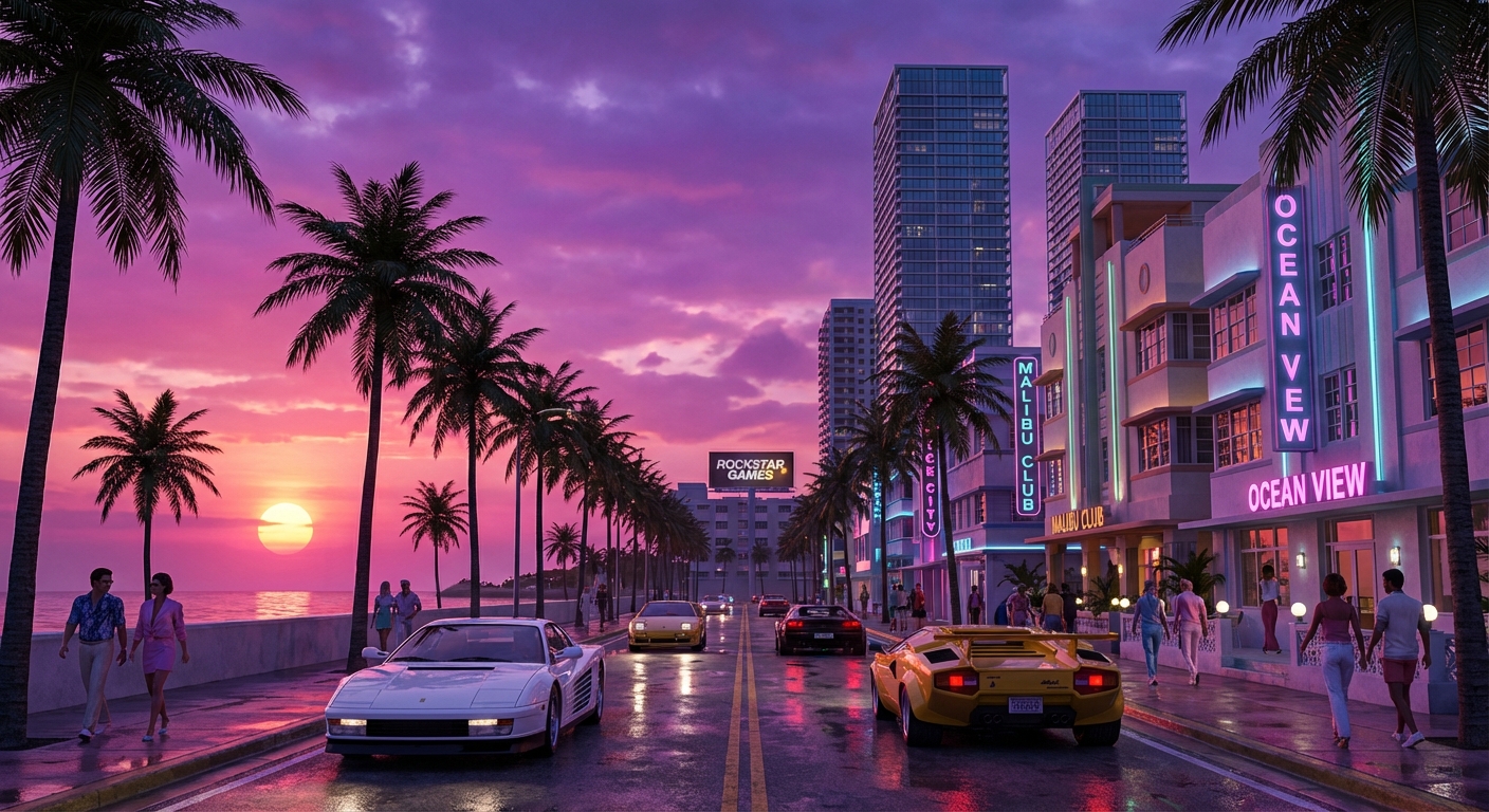 Neon-lit cityscape evoking the Vice City aesthetic of GTA 6