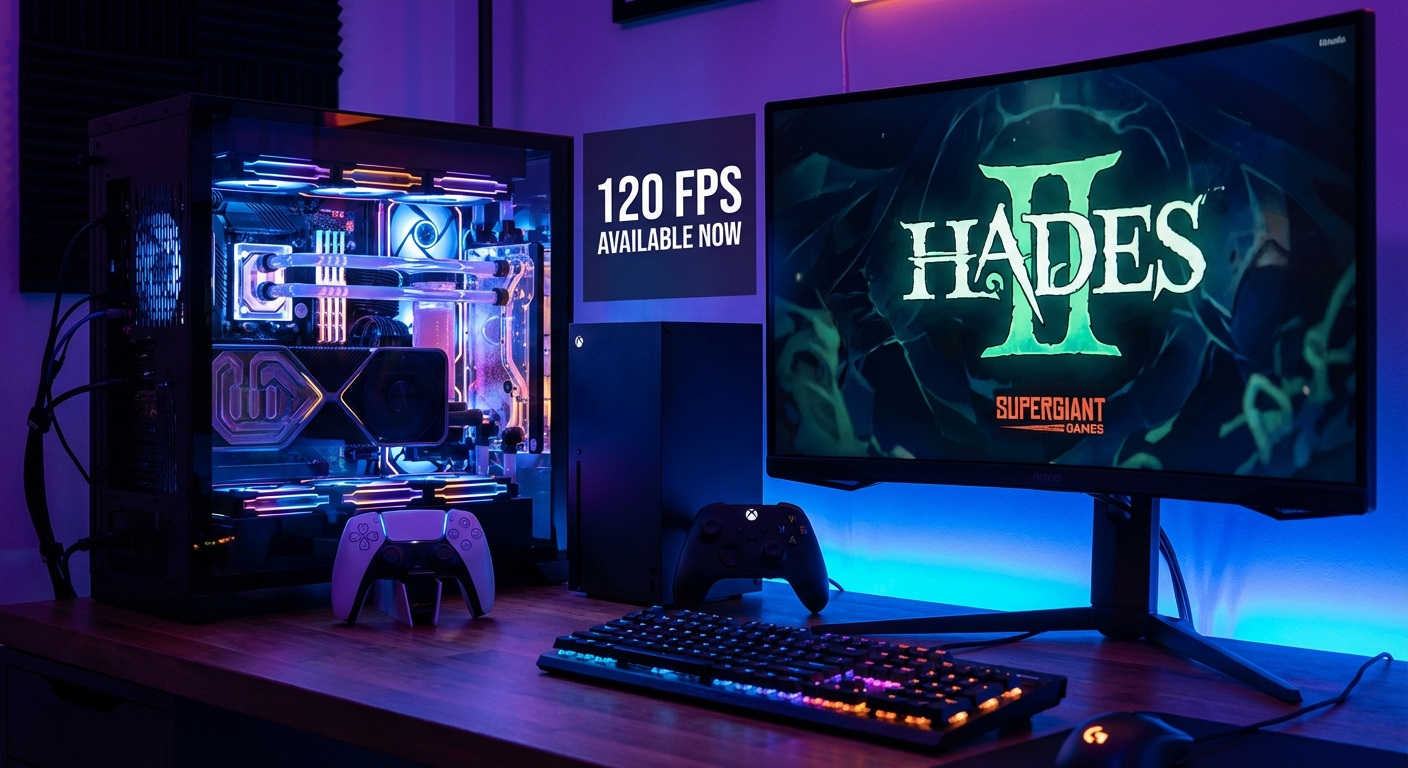 Hades 2 game art stylized graphic showing Melinoe character alongside PlayStation 5 and Xbox Series X console icons for the April 2026 console launch