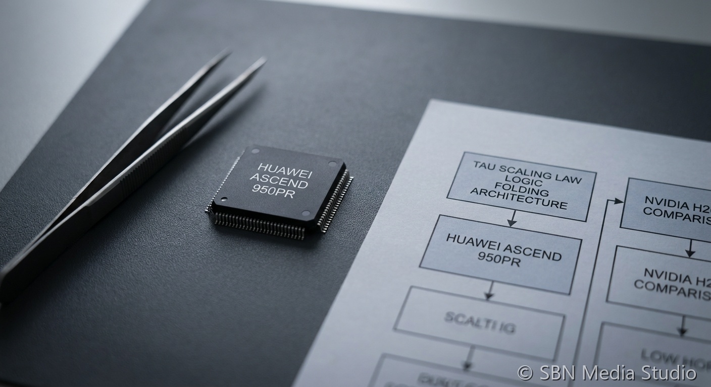 Huawei Ascend 950PR inference accelerator on a Shenzhen industrial backdrop with a Tau Scaling Law LogicFolding architecture diagram beside an NVIDIA H20 reference comparison for June 1 2026