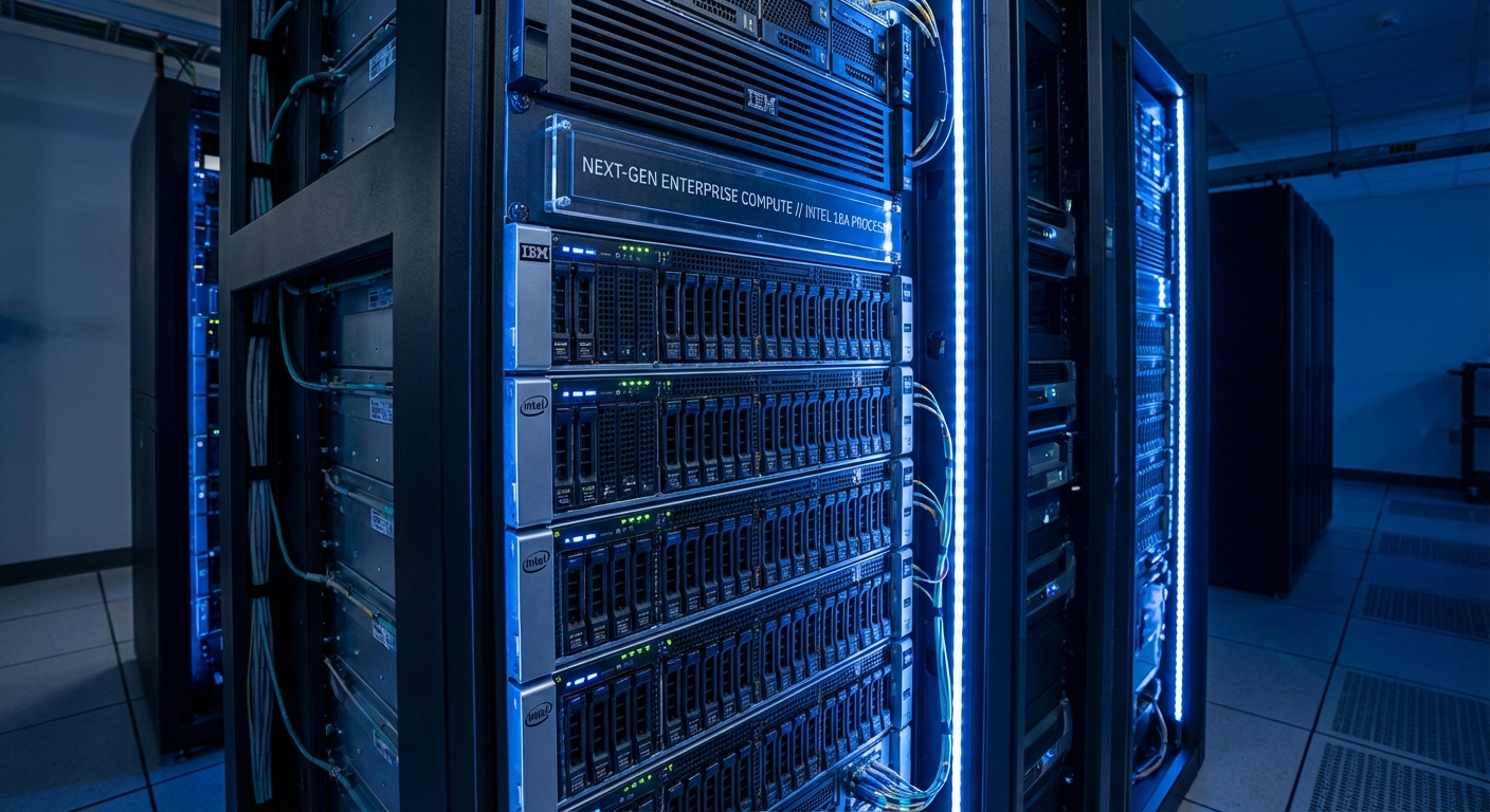 Data center server racks representing IBM enterprise chip manufacturing