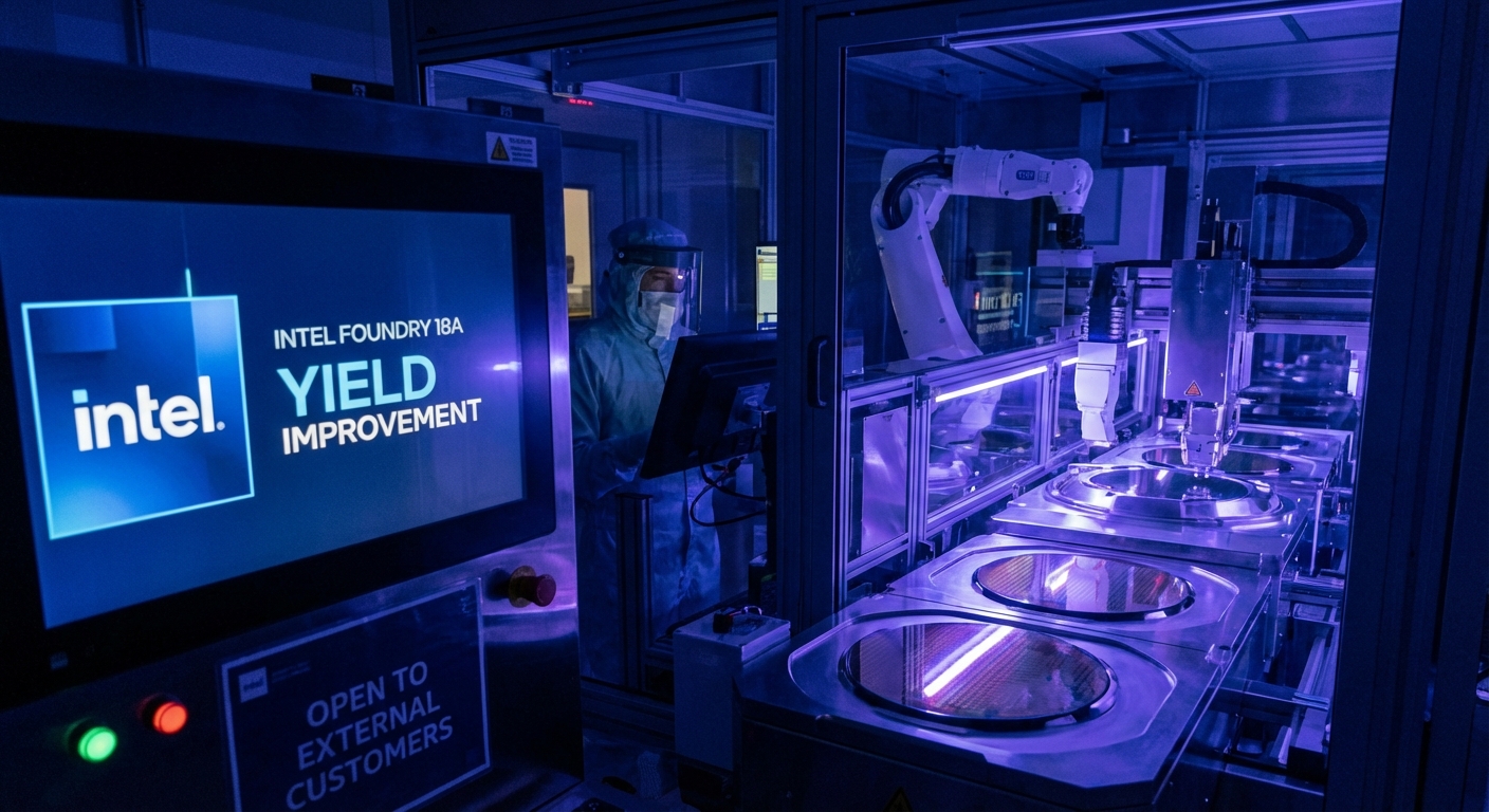 Intel semiconductor fabrication facility showing 18A process node wafers and cleanroom manufacturing environment