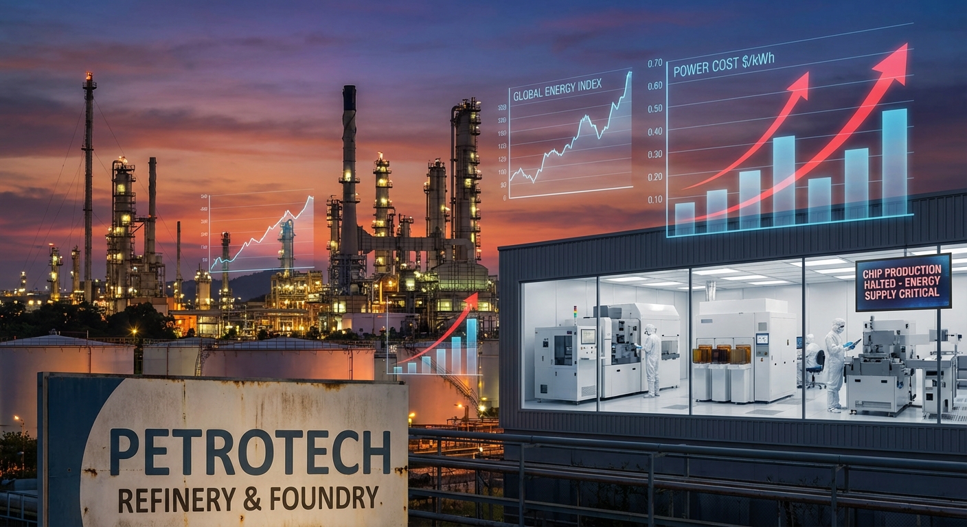 Oil refinery industrial complex at dusk representing surging energy costs impacting semiconductor fabrication