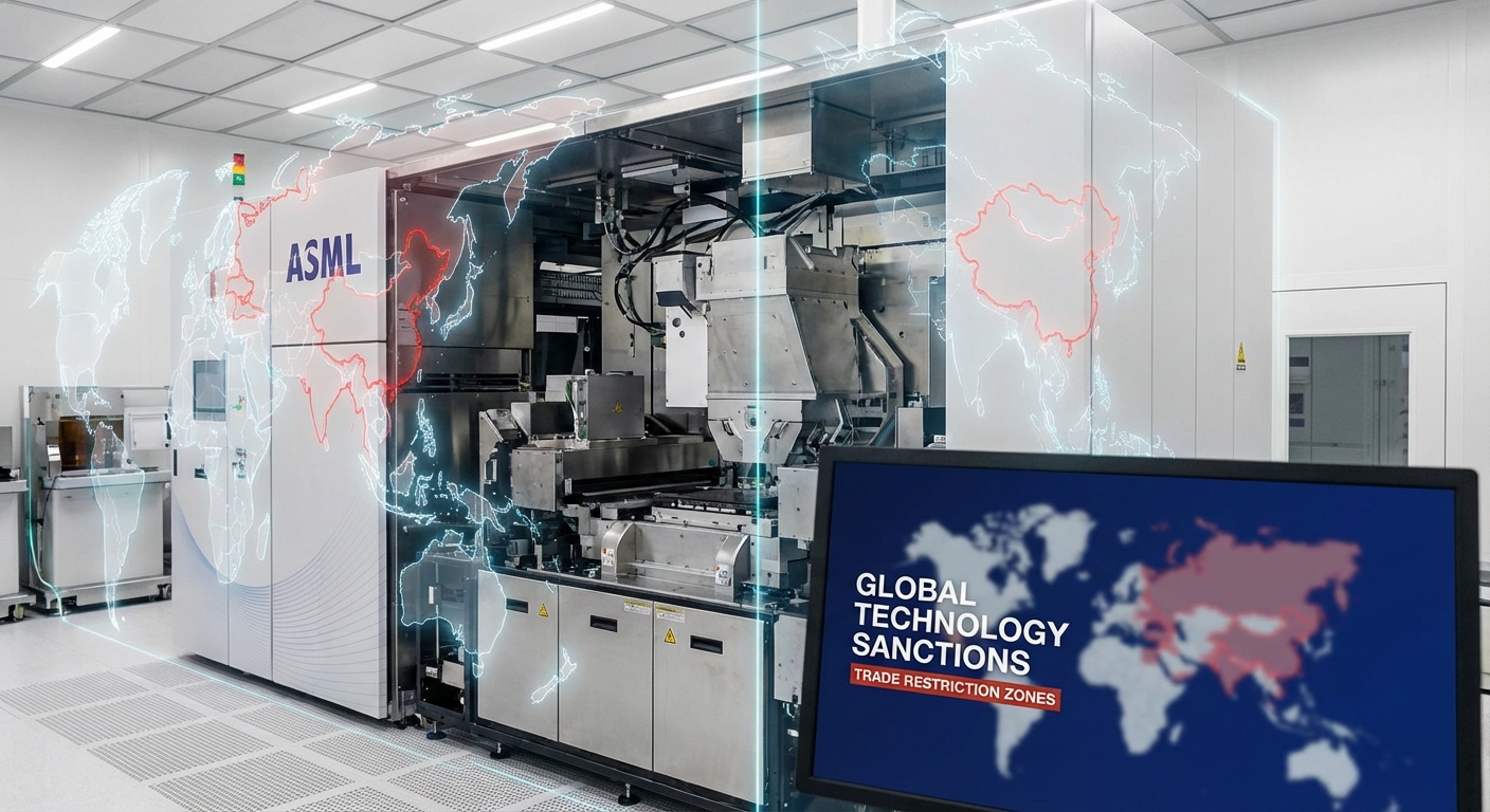Digital world map with data streams representing global technology sanctions and trade restrictions