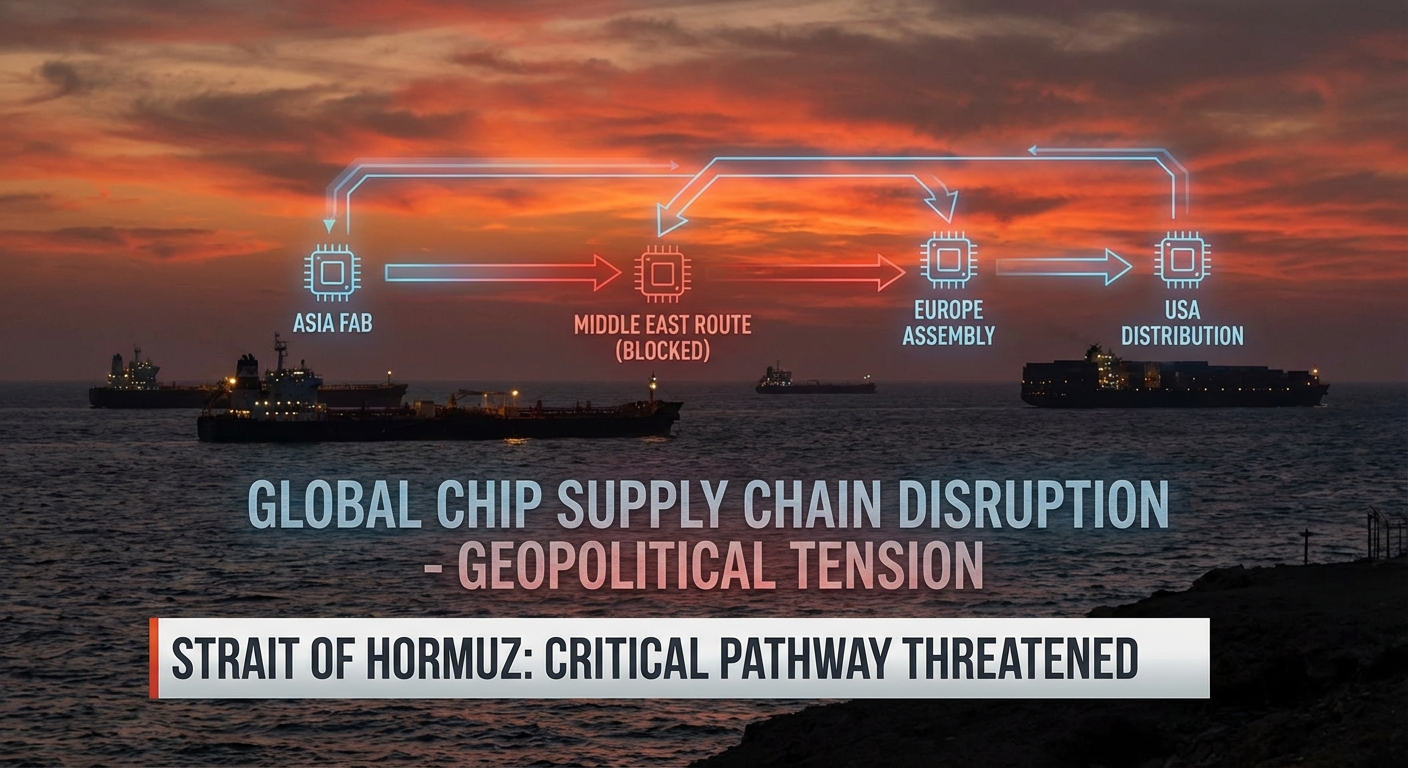 Global supply chain map with shipping routes through the Strait of Hormuz representing geopolitical semiconductor risks
