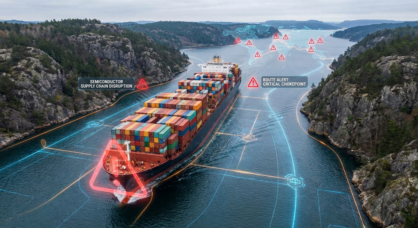 Large container cargo ship at sea representing disrupted semiconductor supply routes through the Strait of Hormuz