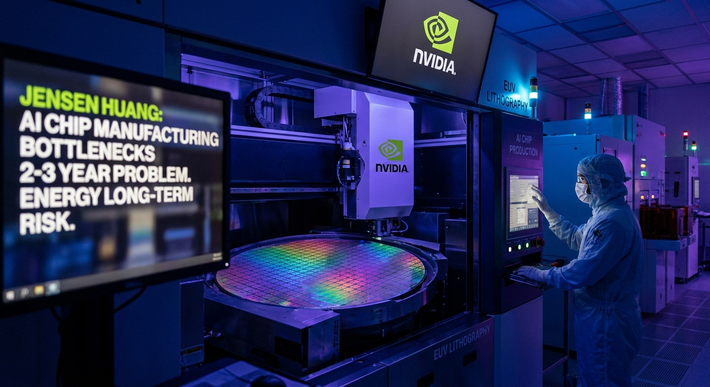 NVIDIA CEO Jensen Huang speaking with AI chip manufacturing diagram and power grid energy infrastructure representing the 2-3 year bottleneck timeline and energy constraint discussion