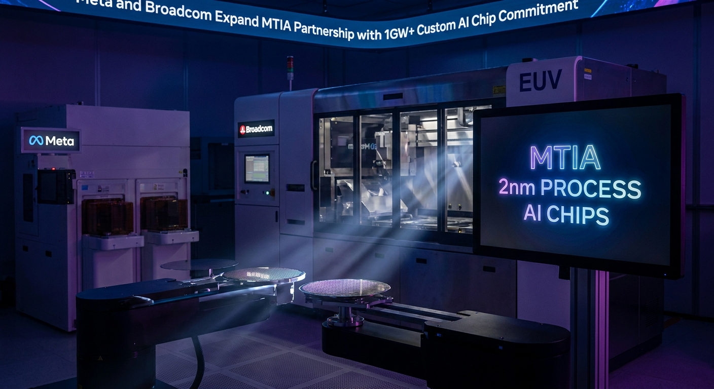 Meta and Broadcom MTIA custom AI accelerator chip co-development concept with 2nm process node wafer and multi-gigawatt data center infrastructure