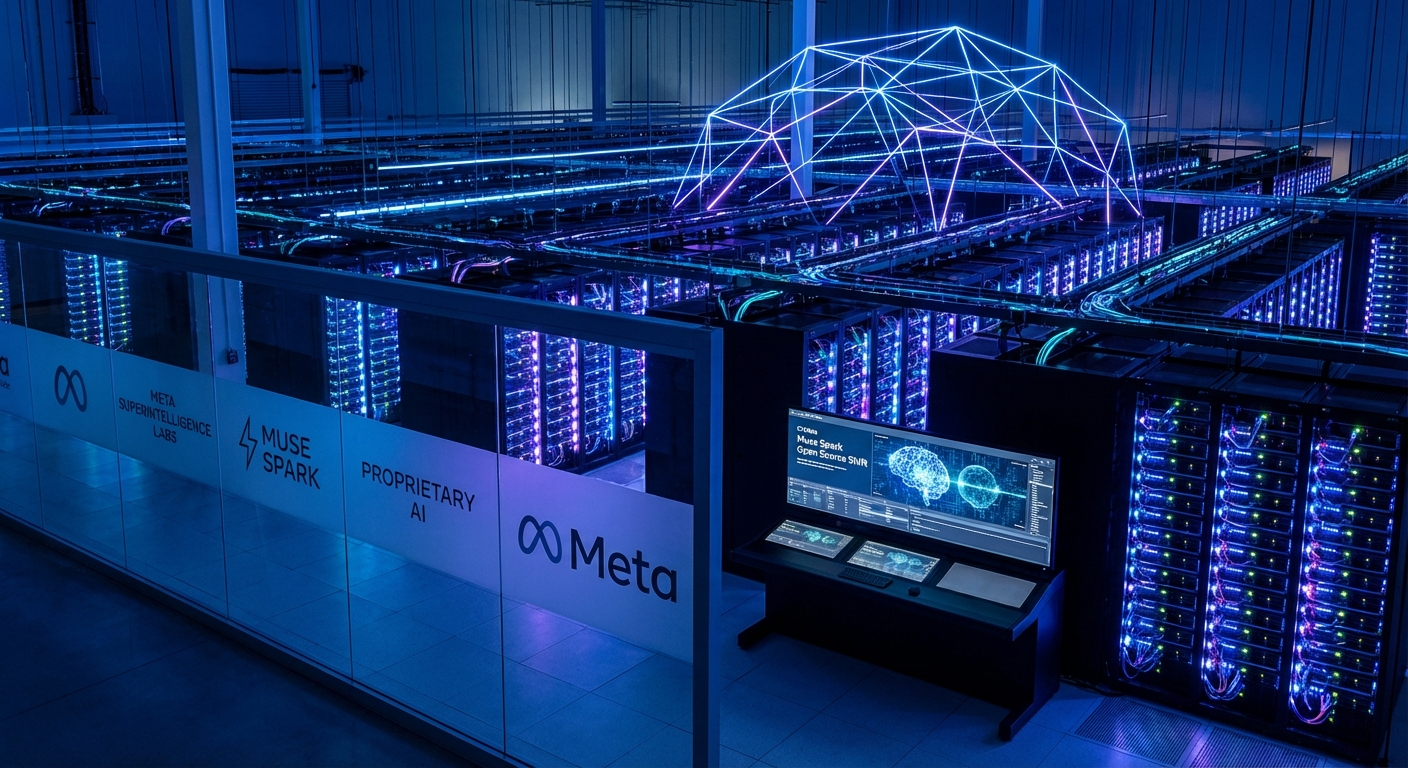 Meta Muse Spark AI model launch graphic with Meta Superintelligence Labs branding and Llama open-source logo crossed out representing the proprietary shift