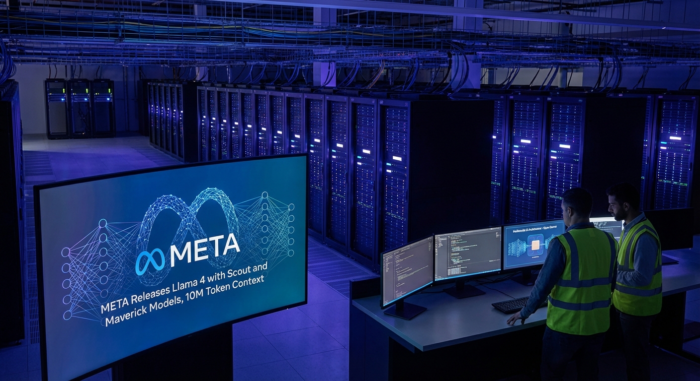 Meta Llama 4 Scout and Maverick multimodal AI models launch graphic with 10 million token context window visualization