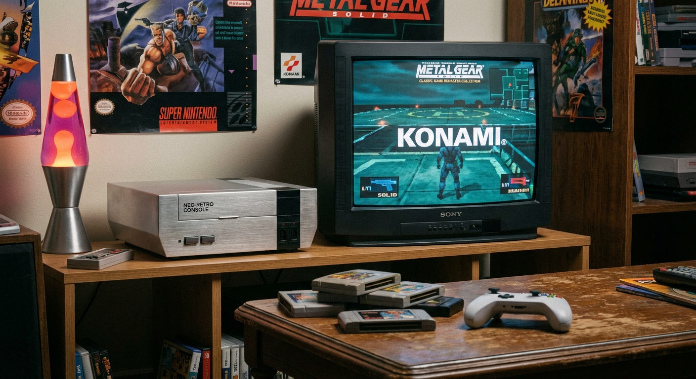Retro gaming setup with modern console representing classic game remasters