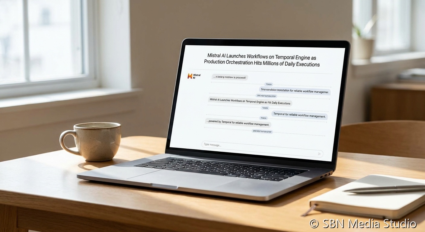 Mistral AI Workflows console with directed acyclic graph of agent steps and Temporal durable execution engine logo highlighting the April 28 2026 public preview running millions of enterprise executions per day