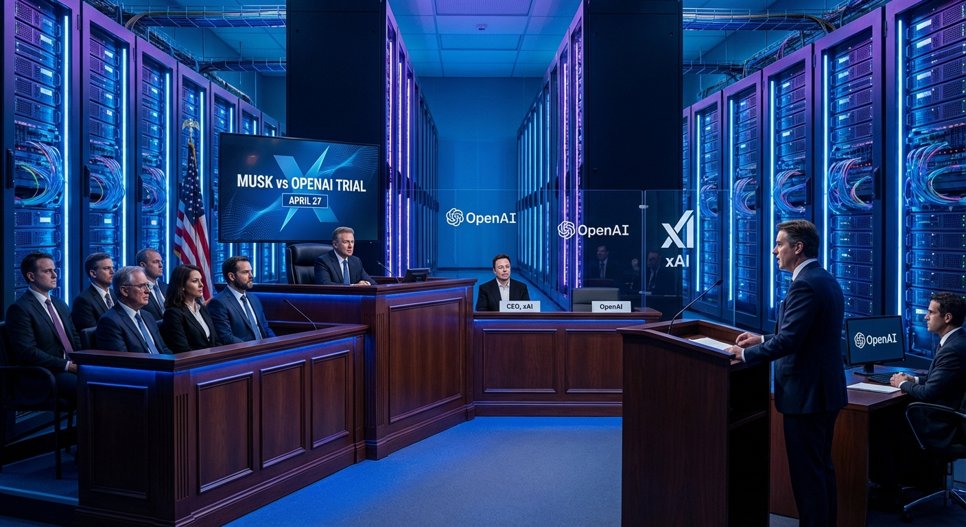 Elon Musk and Sam Altman silhouettes in a courtroom setting with OpenAI logo representing the high-stakes lawsuit over CEO removal and company control