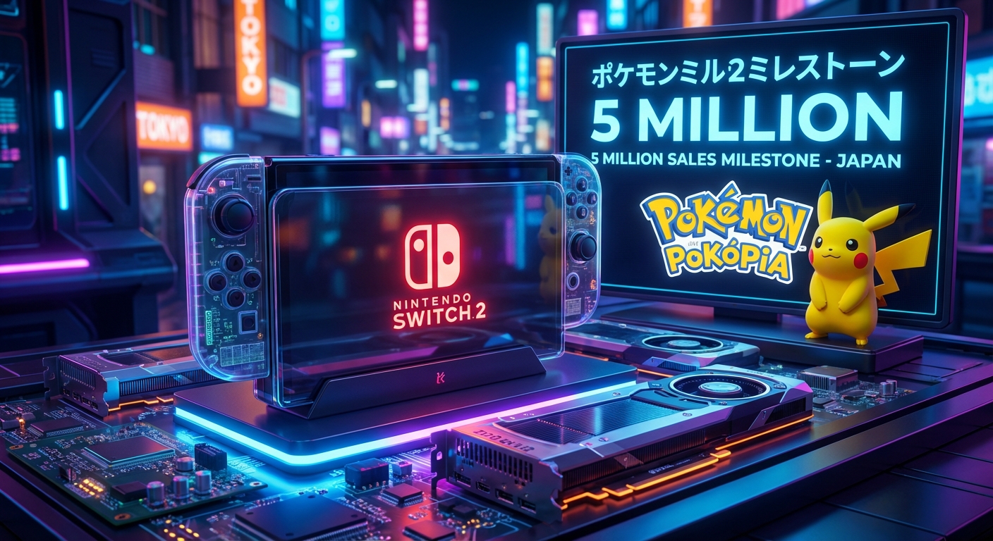 Nintendo Switch 2 console with Japanese sales chart graphic showing 5 million units sold milestone and Pokemon Pokopia game art