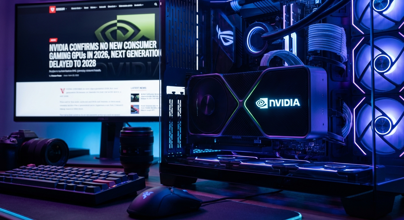 High-performance graphics card in an empty display case symbolizing Nvidia's decision to release no new consumer gaming GPUs in 2026