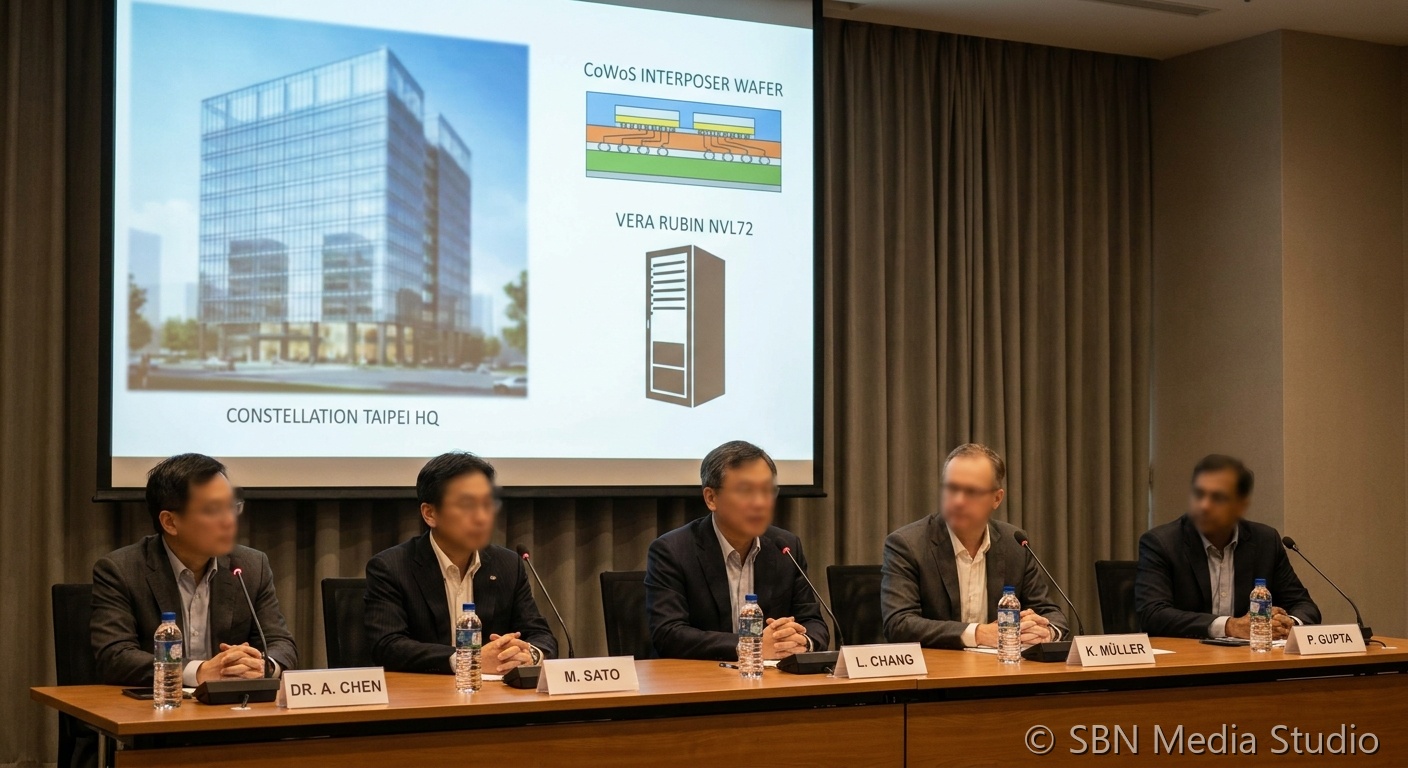 NVIDIA Constellation Taipei headquarters campus rendering in the Beitou-Shilin district beside a TSMC CoWoS silicon interposer wafer and a Vera Rubin NVL72 rack silhouette