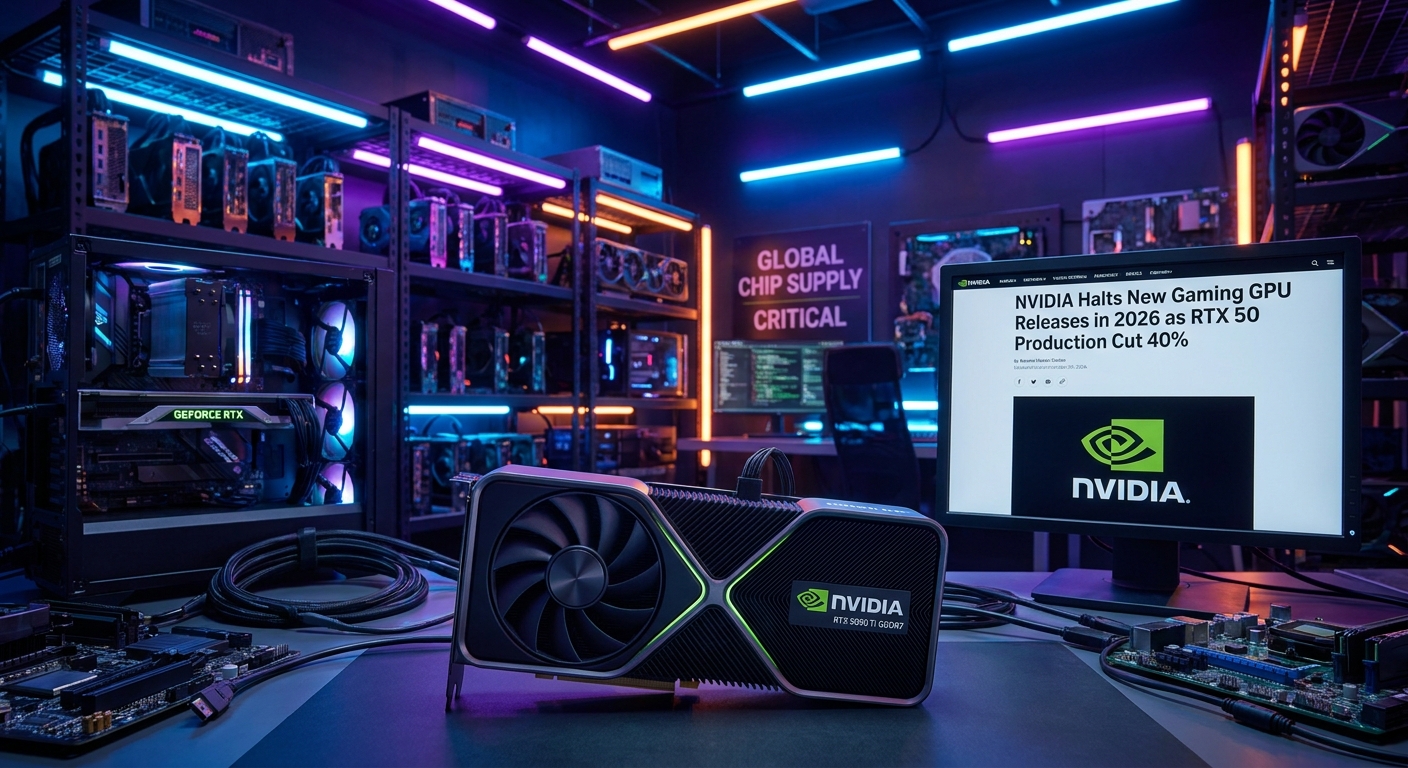 NVIDIA RTX 50 series GPU with supply chain warning icon and GDDR7 memory shortage diagram representing the 40 percent production cut affecting PC gaming hardware in 2026