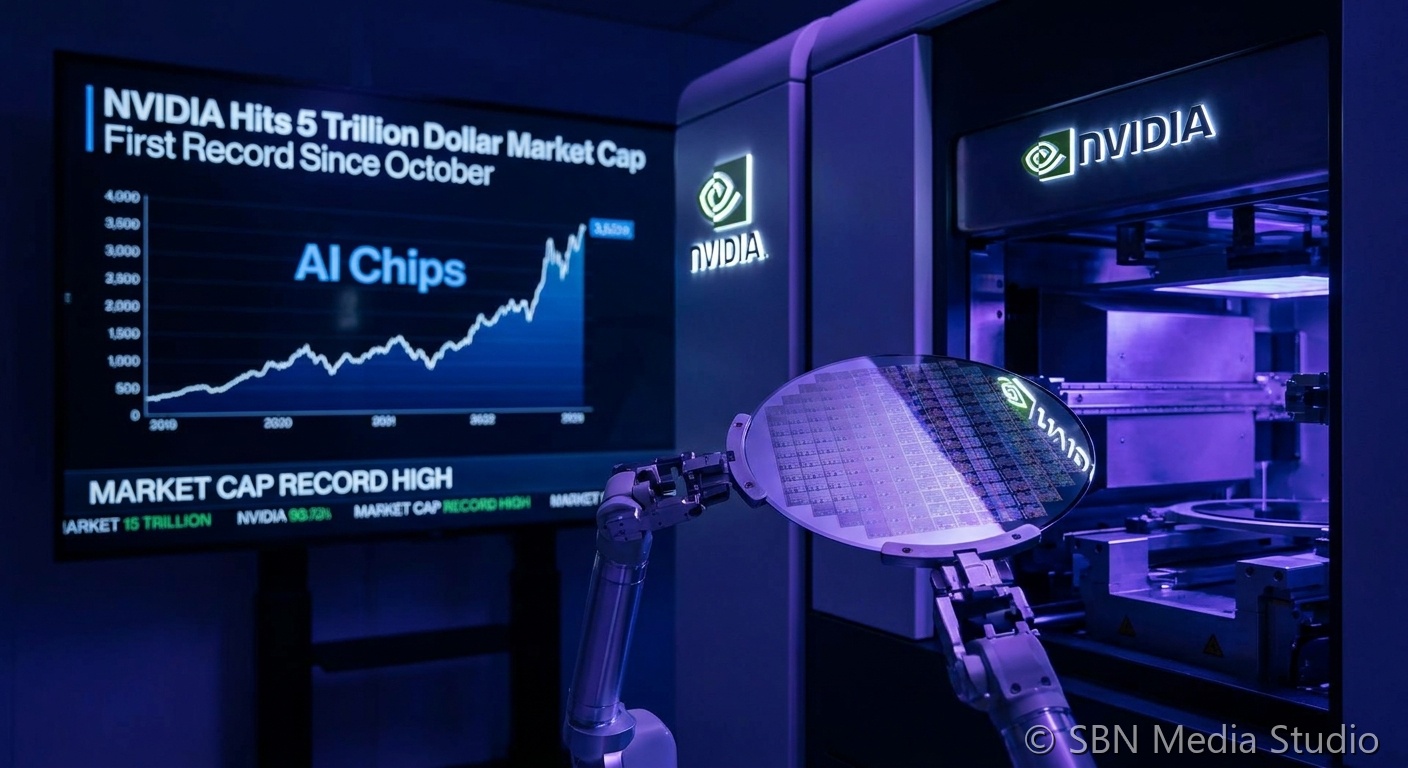 NVIDIA logo with 5 trillion dollar market cap milestone chart and AI chip illustration showing first record close since October 2025