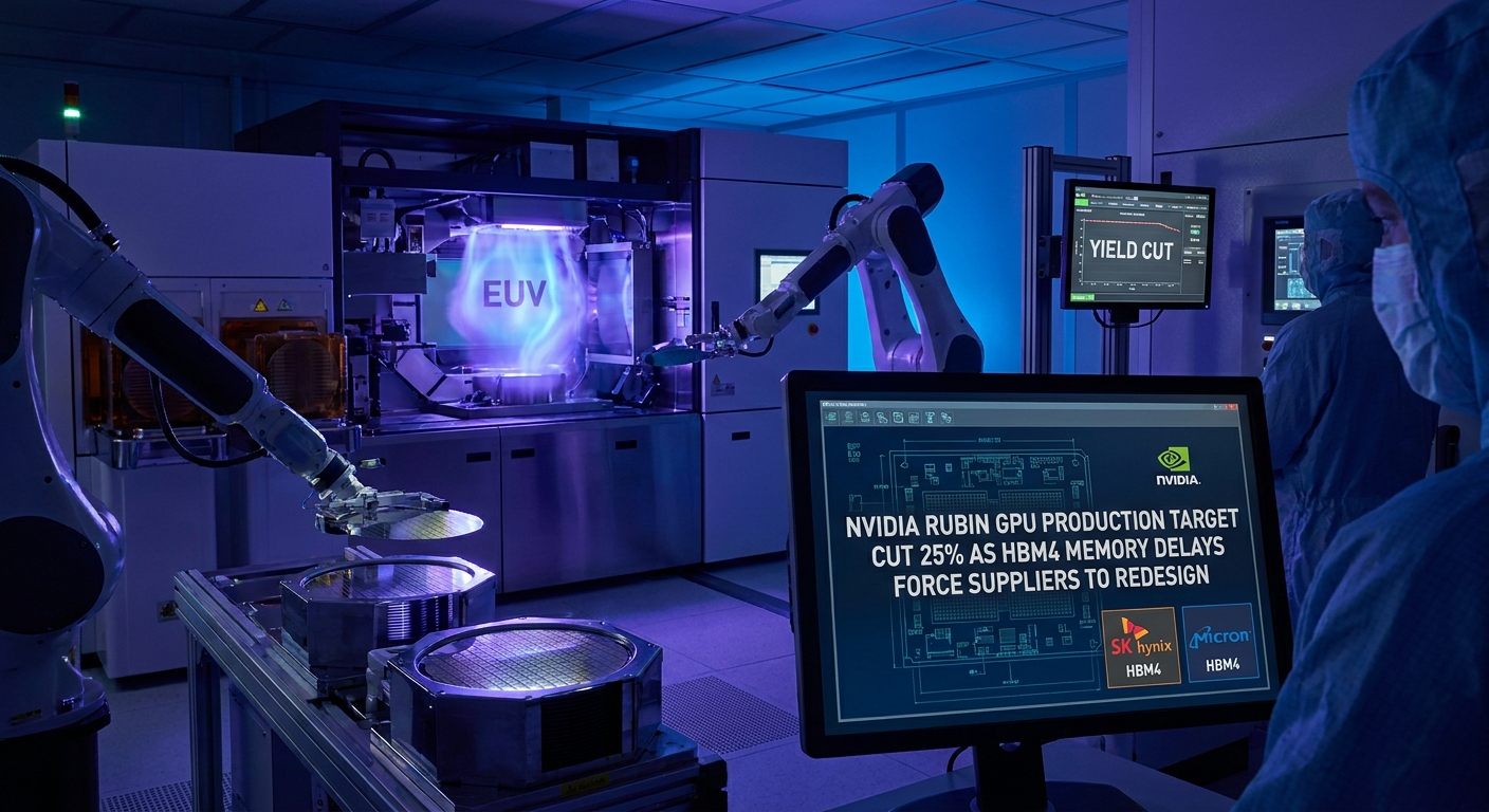 NVIDIA Rubin GPU architecture diagram with HBM4 memory chip and supply chain warning graphic showing production target reduction from 2 million to 1.5 million units