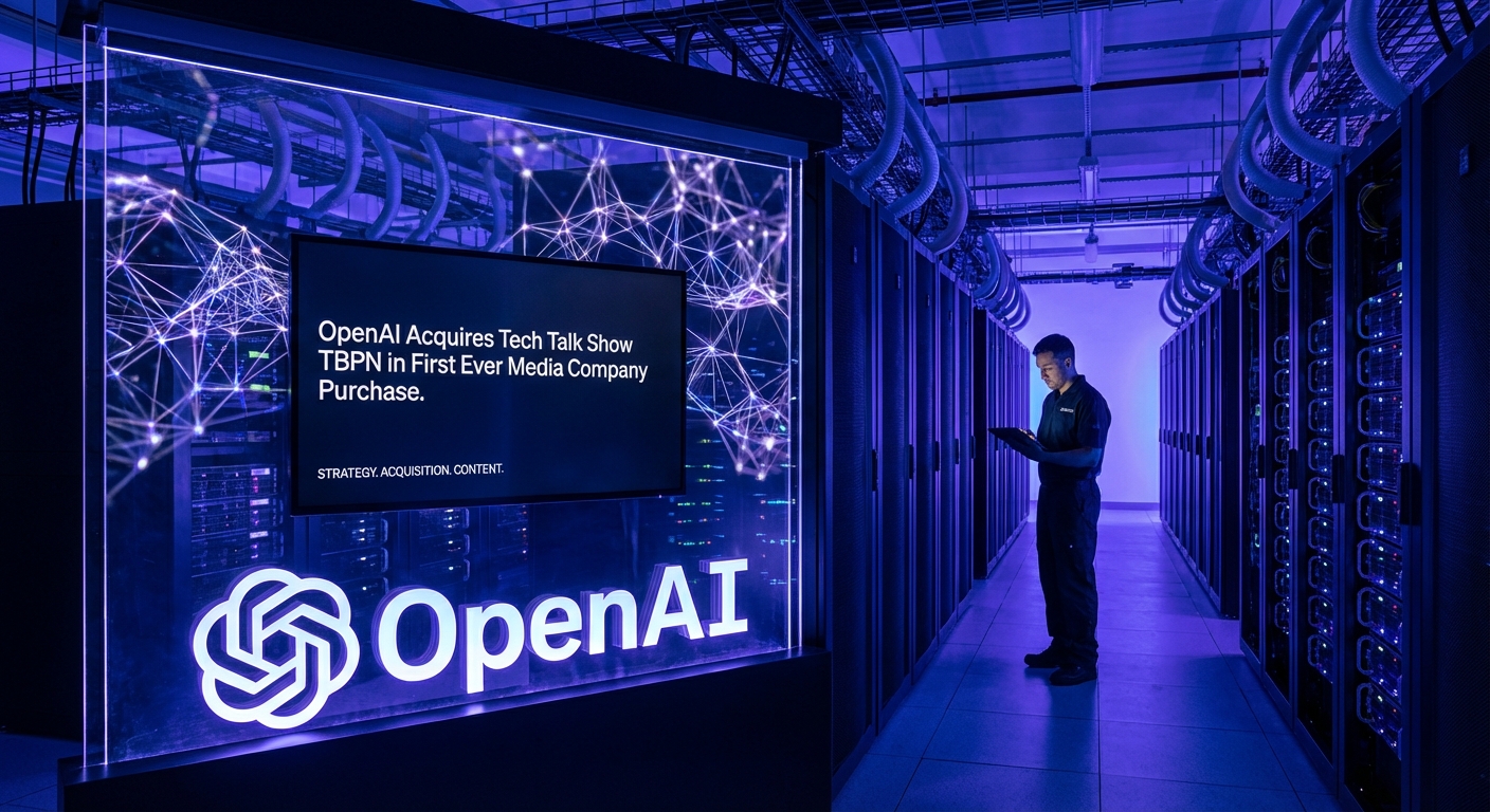 OpenAI logo alongside TBPN talk show studio set representing the first AI company acquisition of a media property