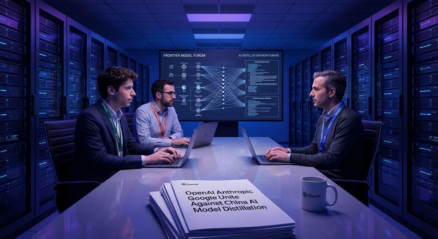 OpenAI Anthropic and Google logos united behind a shield blocking Chinese AI lab model distillation attempts via the Frontier Model Forum