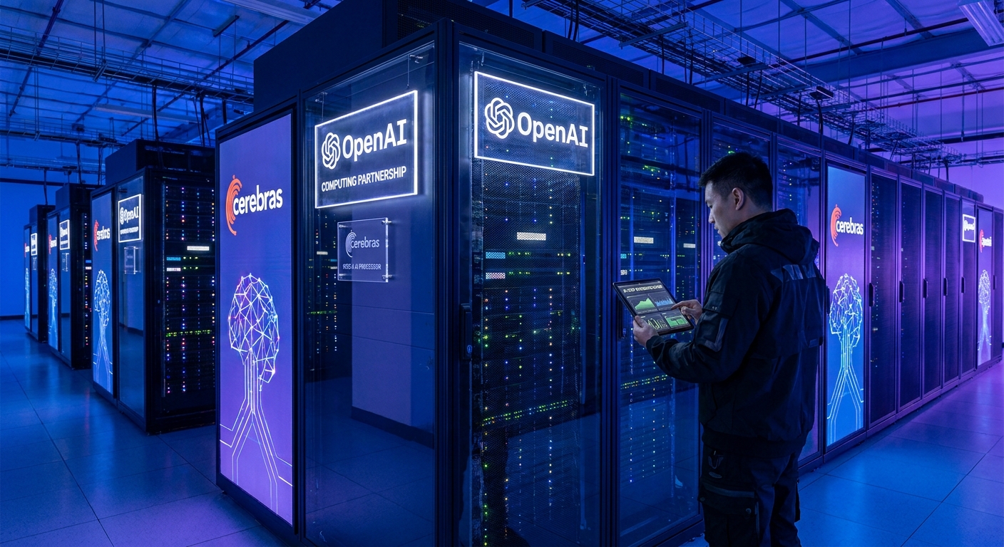 OpenAI and Cerebras AI chip collaboration concept with wafer scale chip and data center infrastructure representing the 20 billion dollar three-year commitment