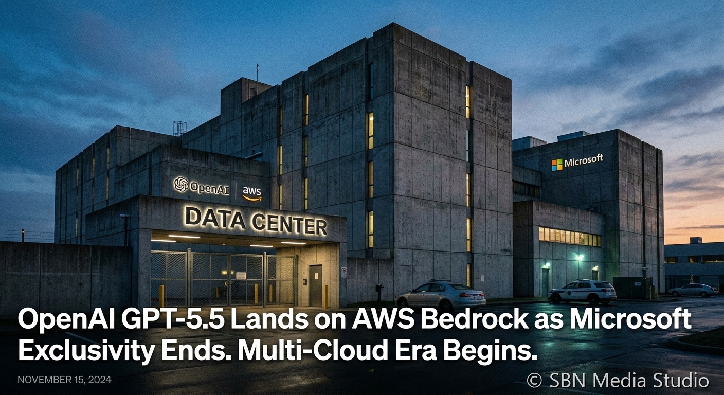 OpenAI logo with AWS Bedrock and Microsoft Azure dashboards illustrating the late April 2026 multi-cloud restructure that ends seven years of Microsoft exclusivity and brings GPT-5.5 to Amazon’s cloud