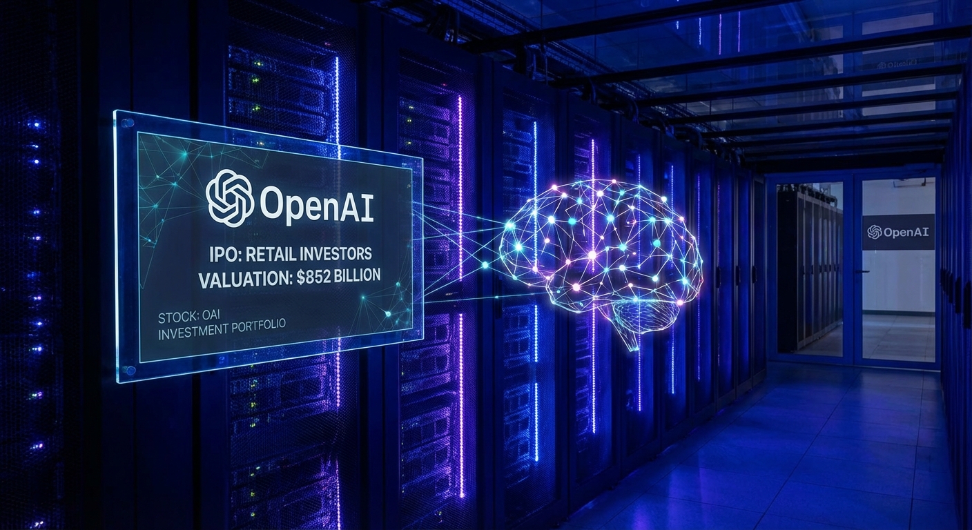 OpenAI logo on a stock market ticker board with IPO documents and retail investor graphic representing the 852 billion dollar valuation