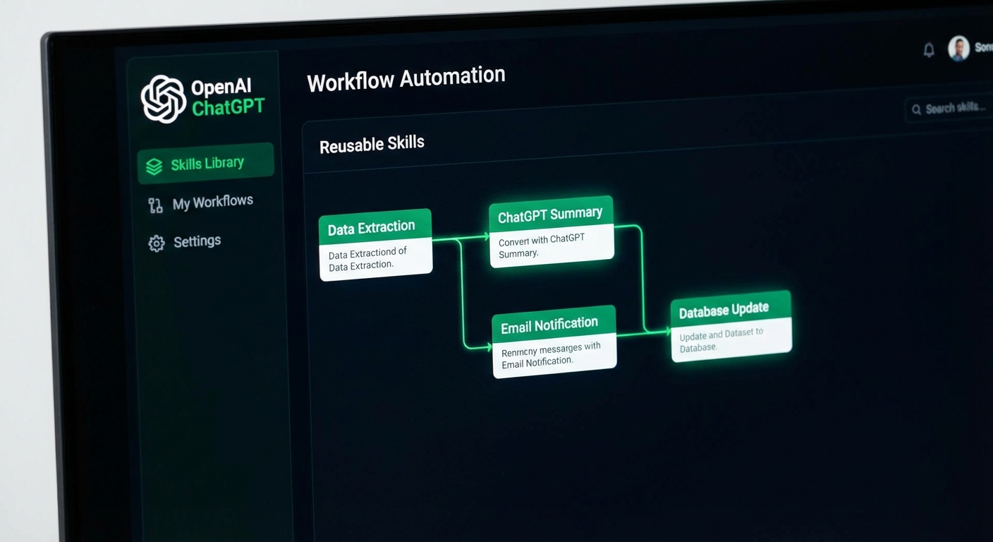Code and automation workflow visualization representing OpenAI Skills feature