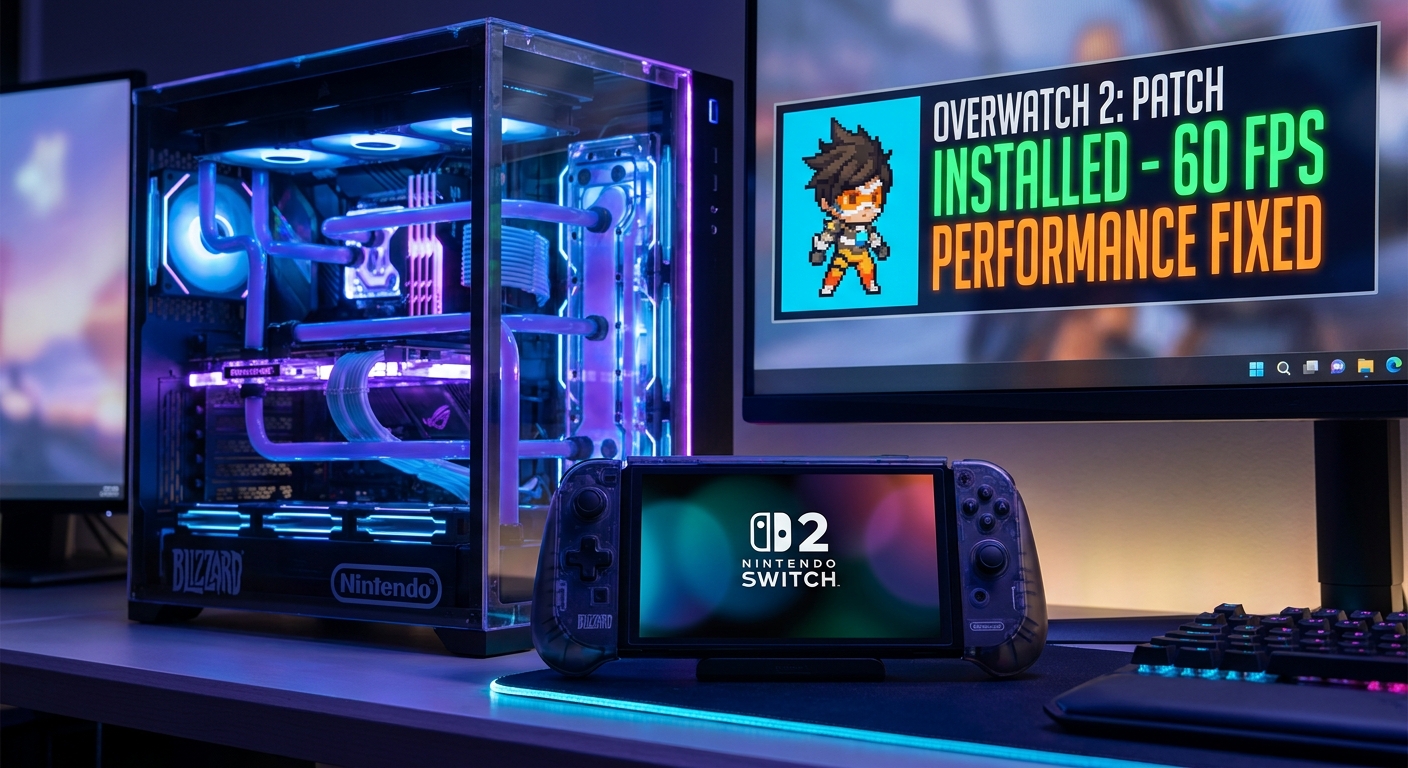 Nintendo Switch 2 console with multiplayer hero shooter game running at 60fps in both handheld and docked modes after a Blizzard performance patch fix