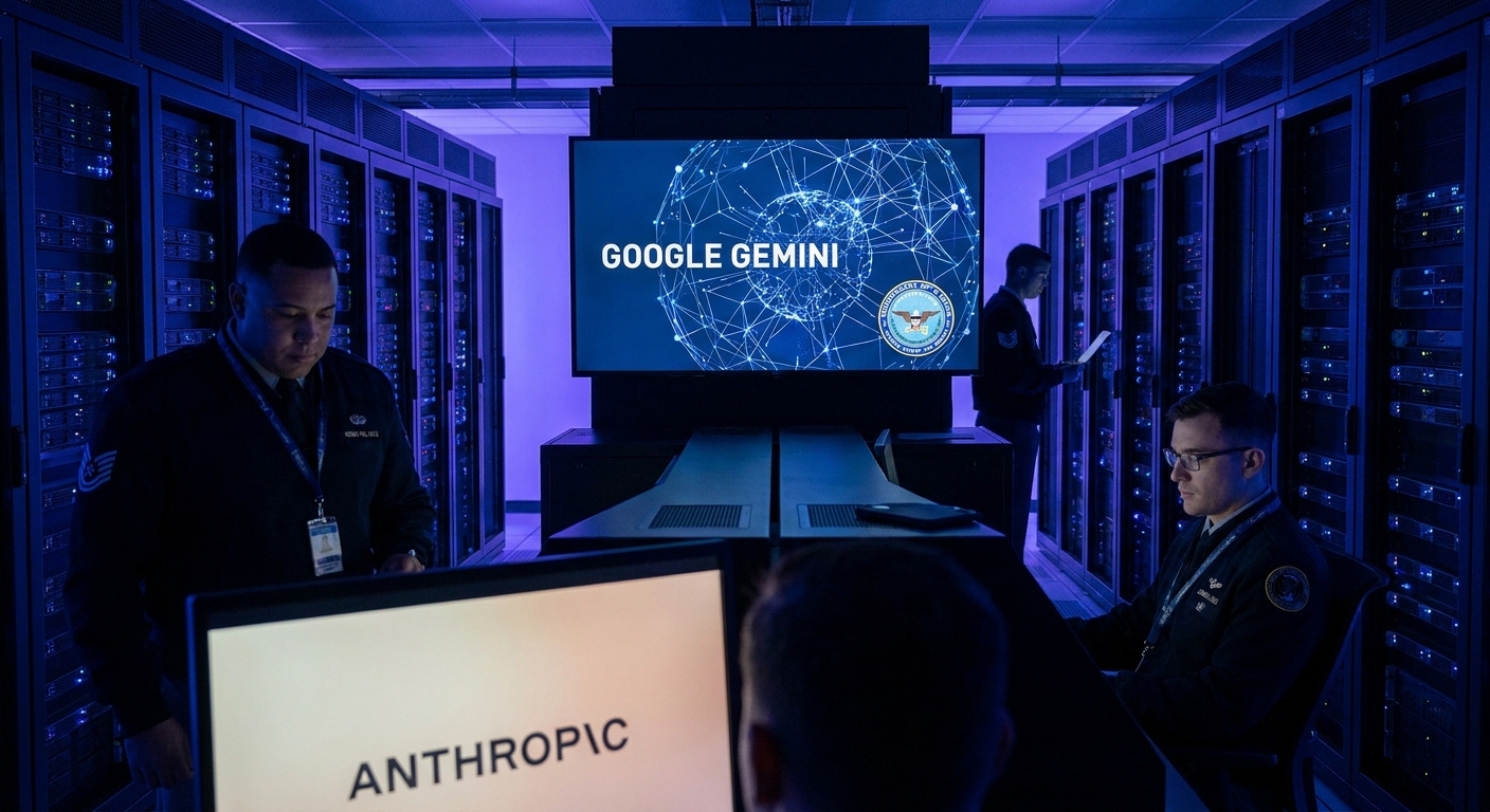 Pentagon building with Google Gemini AI model visualization and classified data center concept representing military AI deployment negotiations after Anthropic phase-out